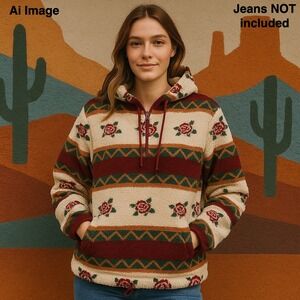 90s‎ Express Fleece Pullover Hoodie Women M Aztec Southwestern Boho Desert Rose
